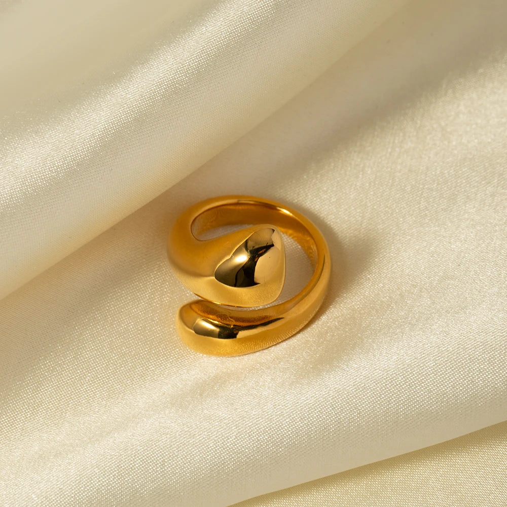 Kika 18k Gold Plated Stainless Steel Water Drop Glossy Open Cross Ring Metal Texture Waterproof Daily Stylish Golden Jewelry