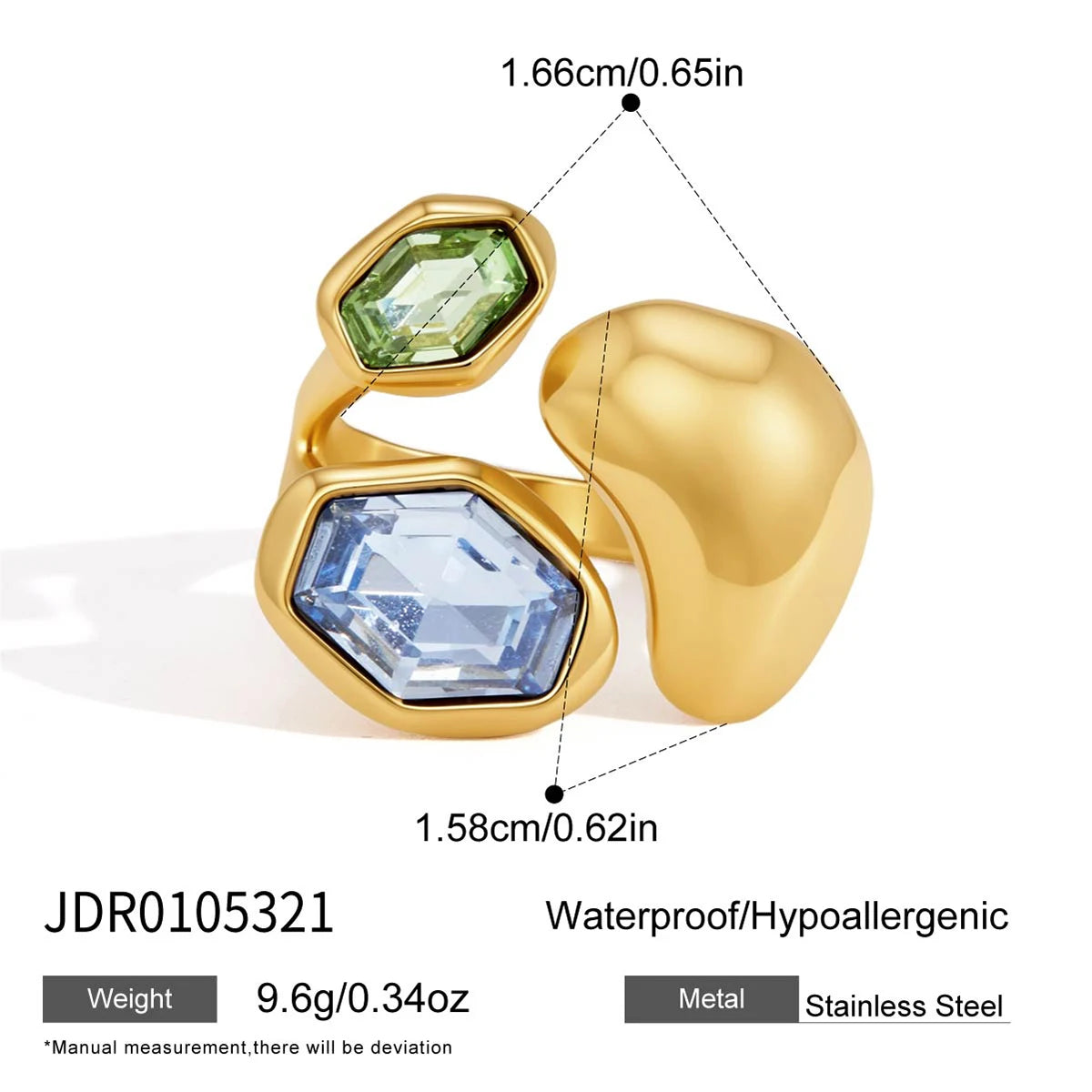 Kika Elegant Multicolor Glass Stone Geometric Open Rings 18K Gold Plated Stainless Steel 316L