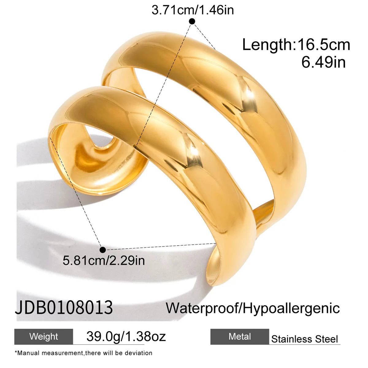 KIKA Unique Stainless Steel 316L Metal Wide Cuff Open Bracelet Bangle  PVD Plated Waterproof