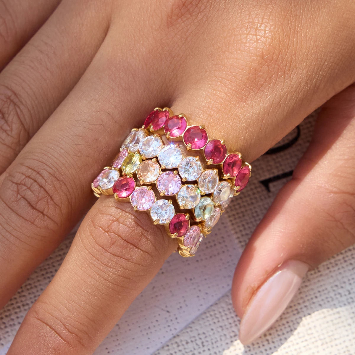 KIKA Rose Red Purple Round Zircon Ring 18K PVD Stainless Steel 136L