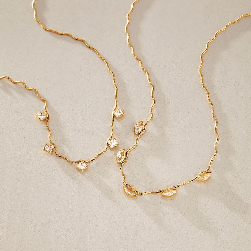 KIKA Geometric Zircon Pendant Wave Shape Chain Necklace For Women 18K Gold PVD Plated Stainless Steel 316L