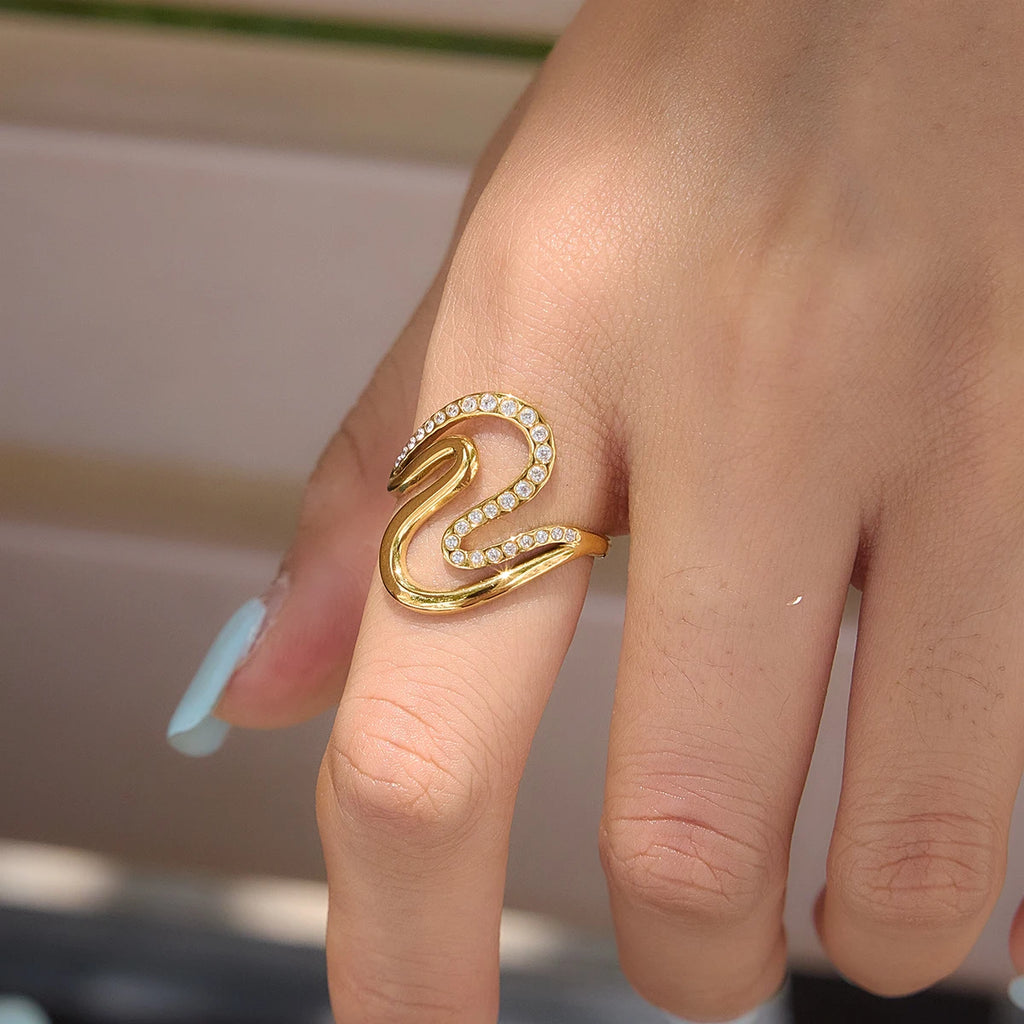 KIKA Classic Zircon Wave Shape Hollow Open Ring PVD Plated Stainless Steel 316L