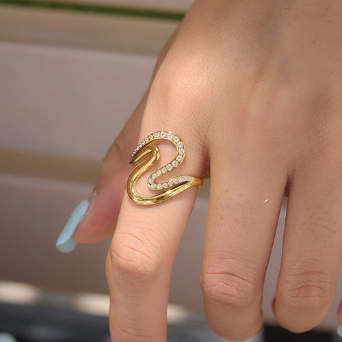 KIKA Classic Zircon Wave Shape Hollow Open Ring PVD Plated Stainless Steel 316L
