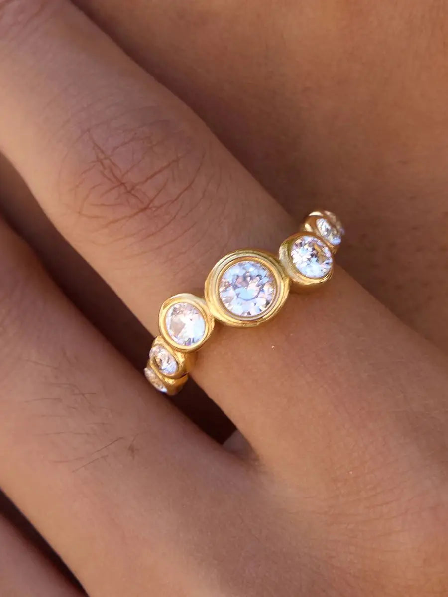 Simple Classic Round White Zircon Wave Ring 18K PVD Stainless Steel