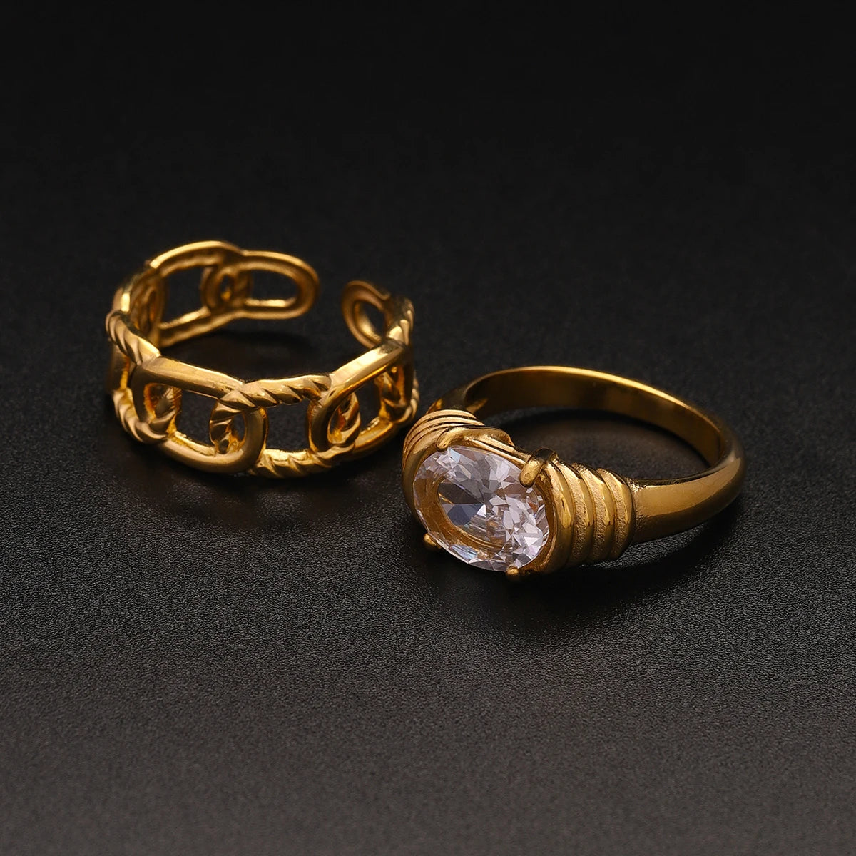 KIKA Exquisite Zircon Hollow Ring Texture Gold Color Stacked Ring PVD Plated Stainless Steel