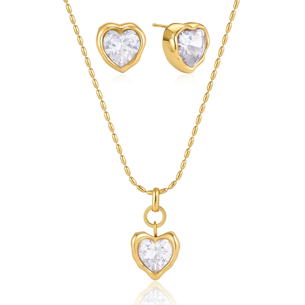 Kika Romantic Heart Zircon Necklace Earrings Jewelry Set 18K Gold PVD Plated Stainless Steel 316L