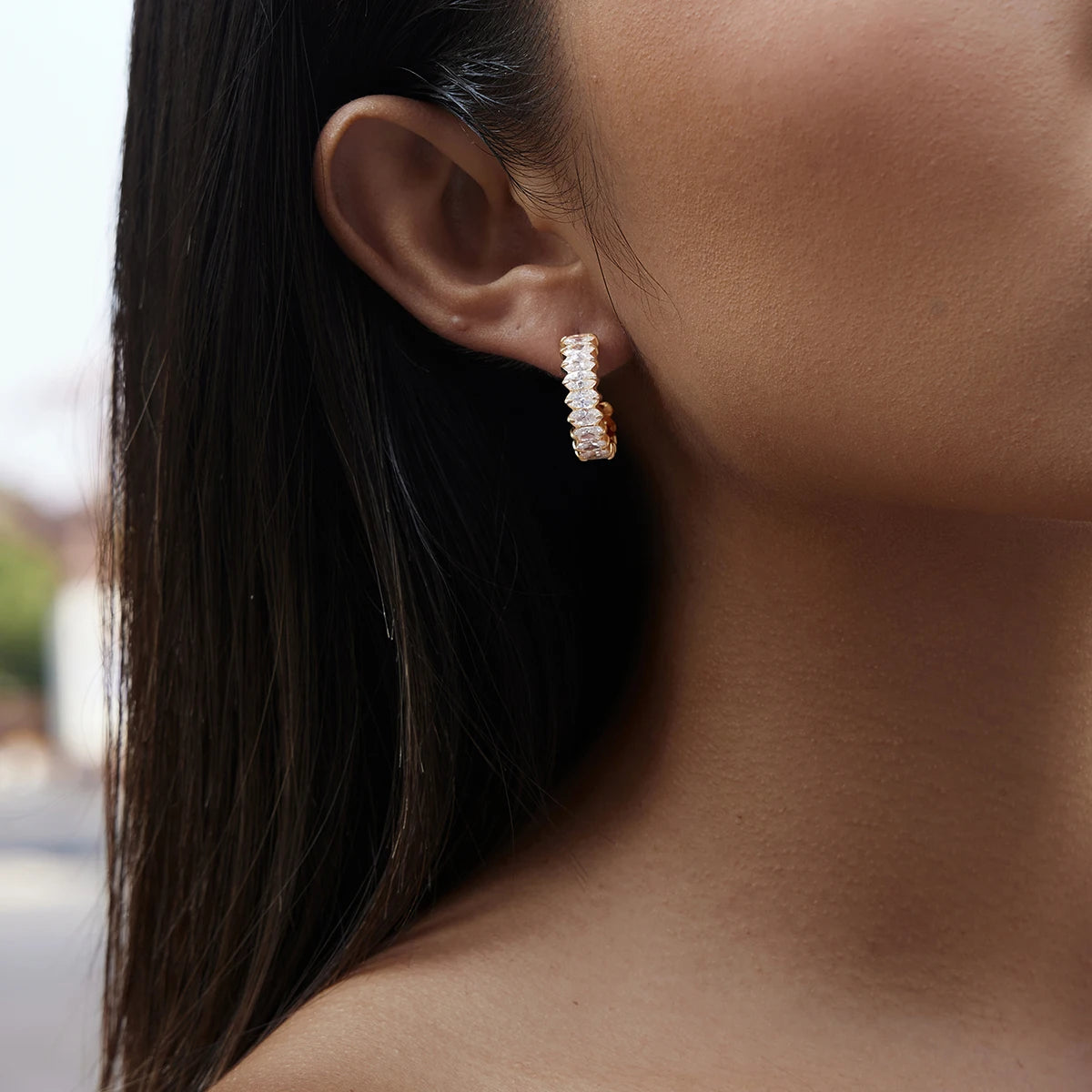 Kika Iced Out Geometric Zircon C Shape Stud Earrings 18K Gold Plated Stainless Steel 316L