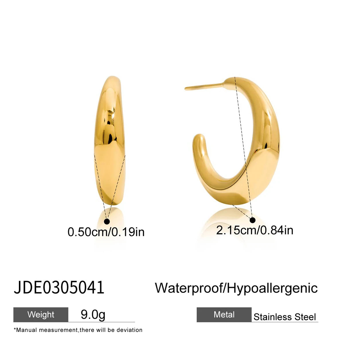 KIKA Minimalist Classic 18K Gold Color PVD  Plated Stainless Steel 316L C-Shaped Earrings Hypoallergenic Waterproof