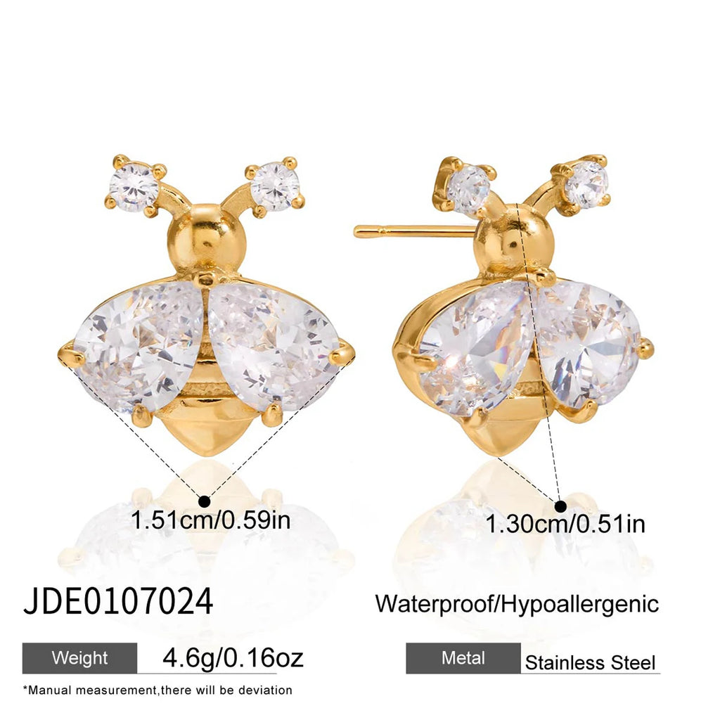 KIKA Classic Personality 18K Gold Color PVD  Plated Inlay White Zircon Bee Earrings Hypoallergenic Stainless Steel 316L