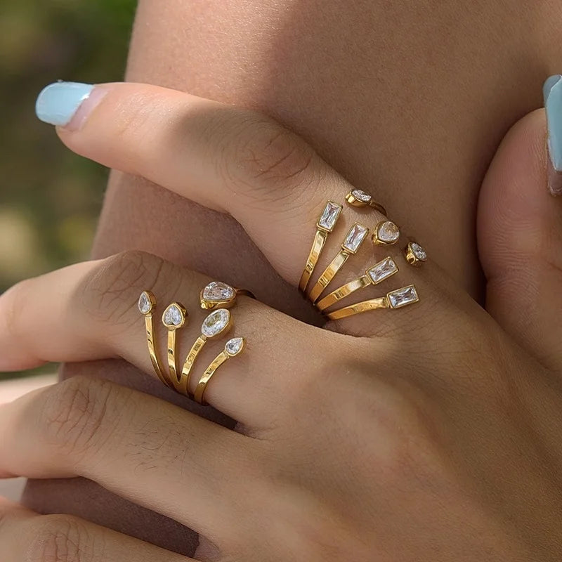 KIKA Delicate Geometric Zircon Multilayer Open Rings PVD Plated Stainless Steel 316L