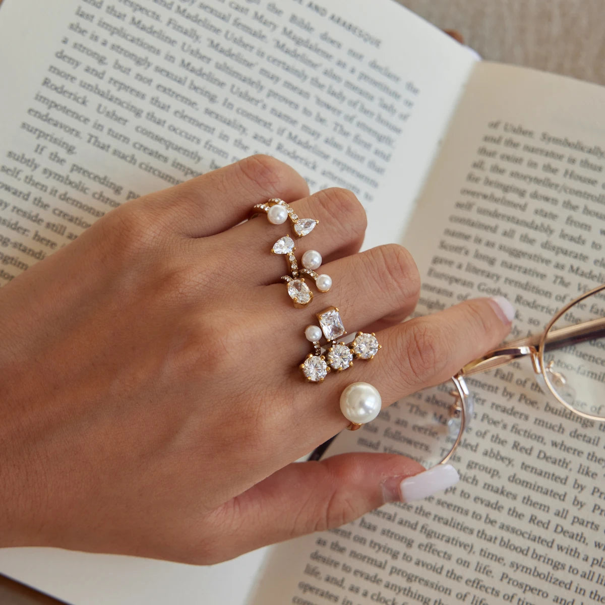 KIKA Elegant Zircon Imitation Pearl Open Rings For Women Minimalist 18K Gold Plated Stainless Steel Rings Fashion Jewelry Gift