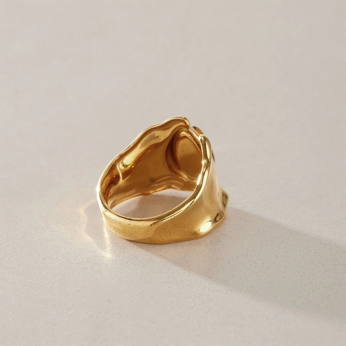KIKA Vintage Water Drop Shape Tiger Eye Stone Open Rings 18K Gold PVD Plated Stainless Steel 316L