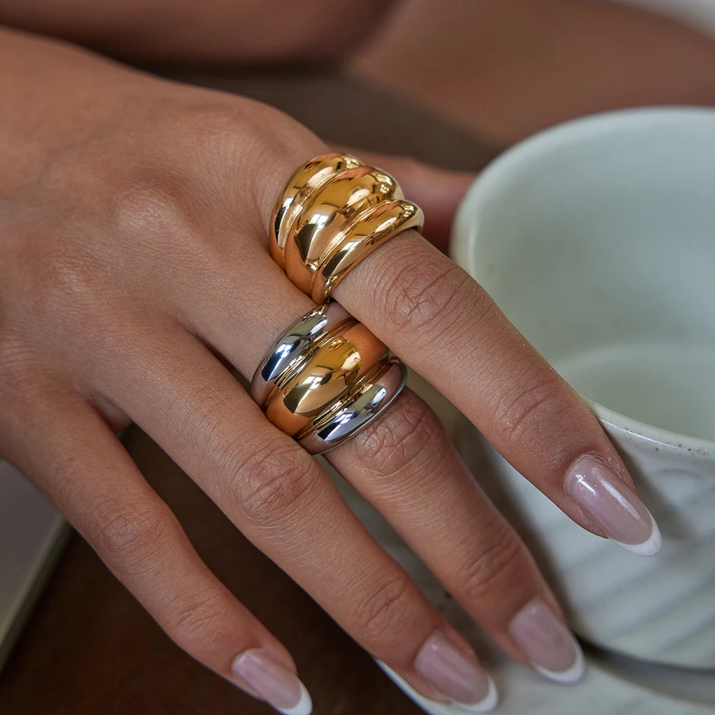 KIKA Statement 18K Gold Color Plated Stainless Steel Waterproof Two tone Chubby Three layer Raised Ribbed Ring Women's Jewelry