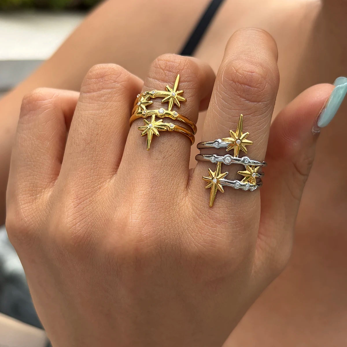 KIKA  Zircon Star Multilayer Open Rings PVD Plated Stainless Steel 316L
