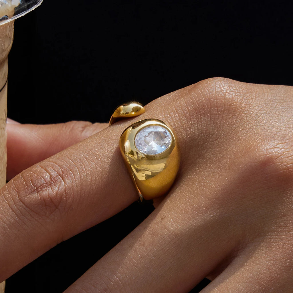 Plated Stainless Steel Rhinestone Asymmetric Oval Ring