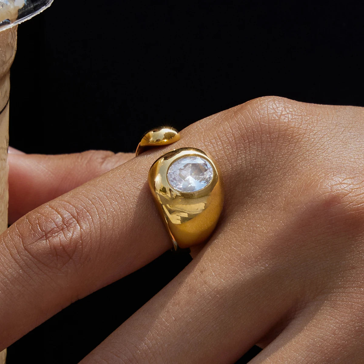 Plated Stainless Steel Rhinestone Asymmetric Oval Ring
