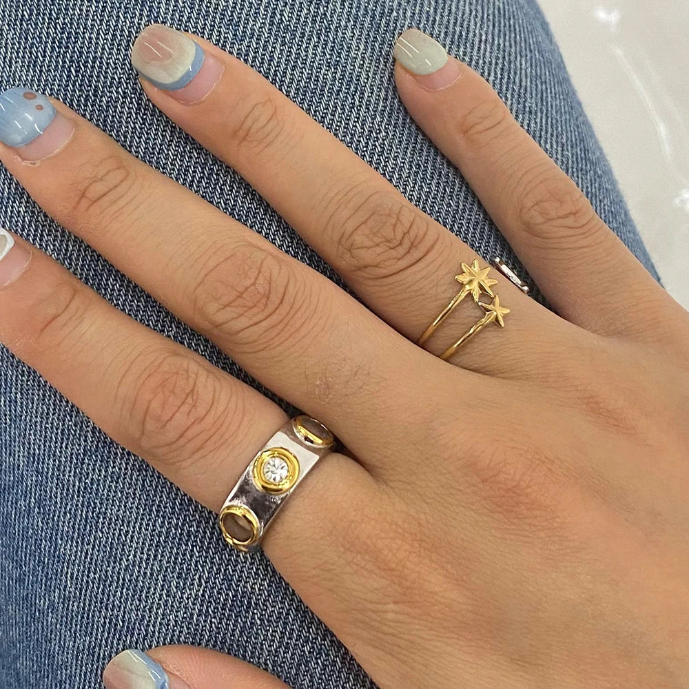 Kika Minimalist 18K Gold Color Plated Stainless Steel Two tone Zircon Ring Round Hollow Stackable Ring Women's Jewelry