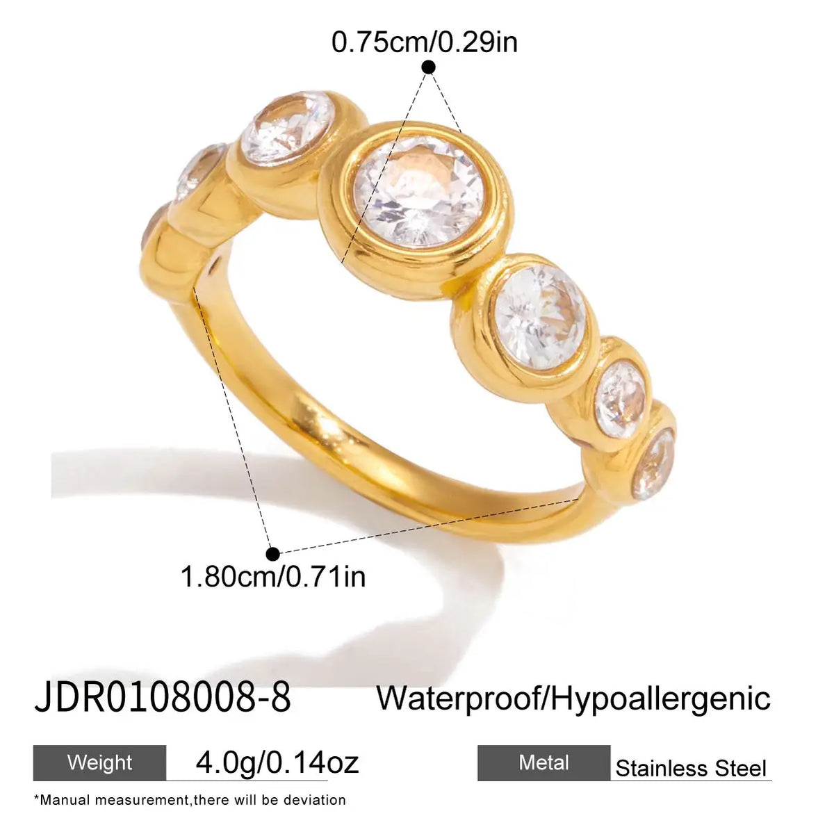 Simple Classic Round White Zircon Wave Ring 18K PVD Stainless Steel