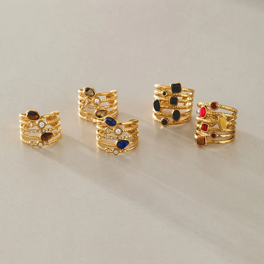 KIKA Vintage Natural Stone Rings For Women Multilayer 18K Gold PVD Plated Stainless Steel Open Rings Fashion Jewelry Gift