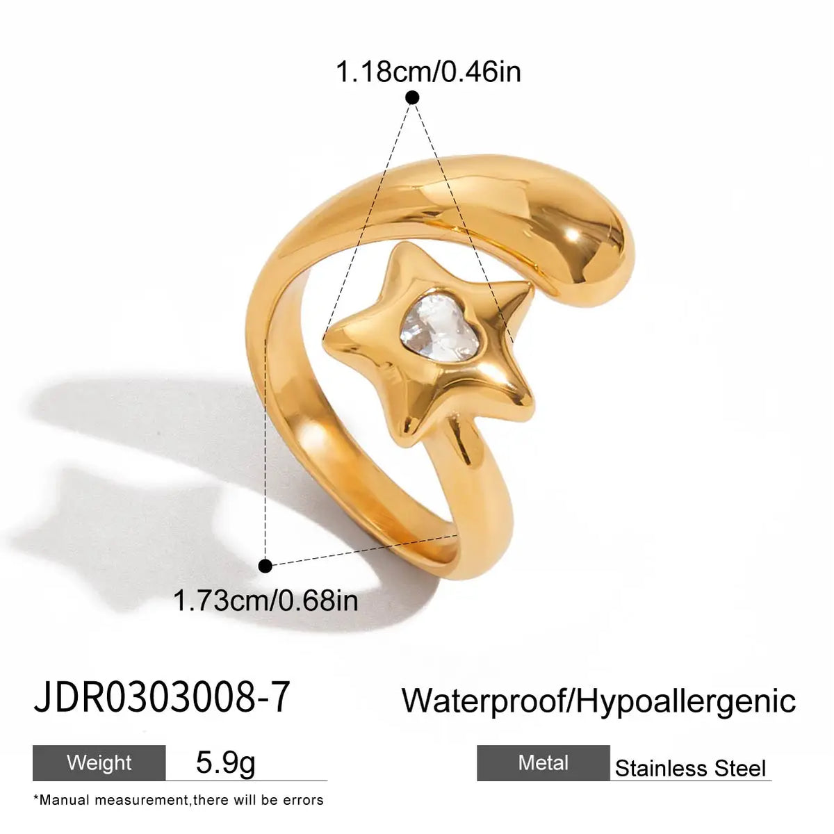 KIKA Unique Designer 18K Gold Color PVD  Plated Stainless Steel 316L Rhinestone Pentagram Rings Stackable