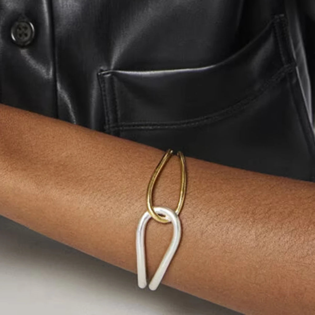 KIKA Minimalist 18K Gold Color Plated Stainless Steel Two tone Bracelet with Twisted Lines and Knots Hollow Bracelet Women's J