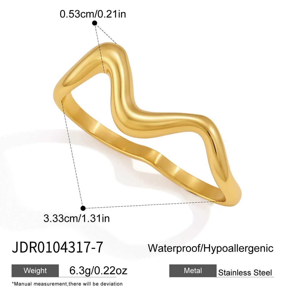 Kika Classic Wave Shape Two Fingers Rings PVD Plated Stainless Steel 316L