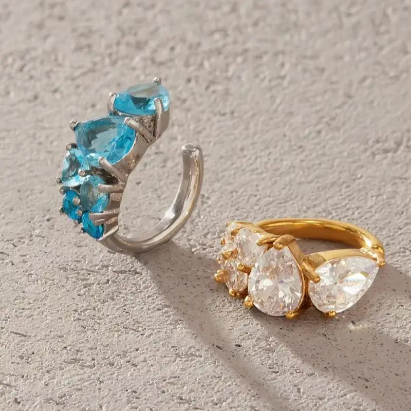 KIKA 1 PC Blue White Zircon Non-piercing Ear Clips  Gold PVD Plated Stainless Steel 316L