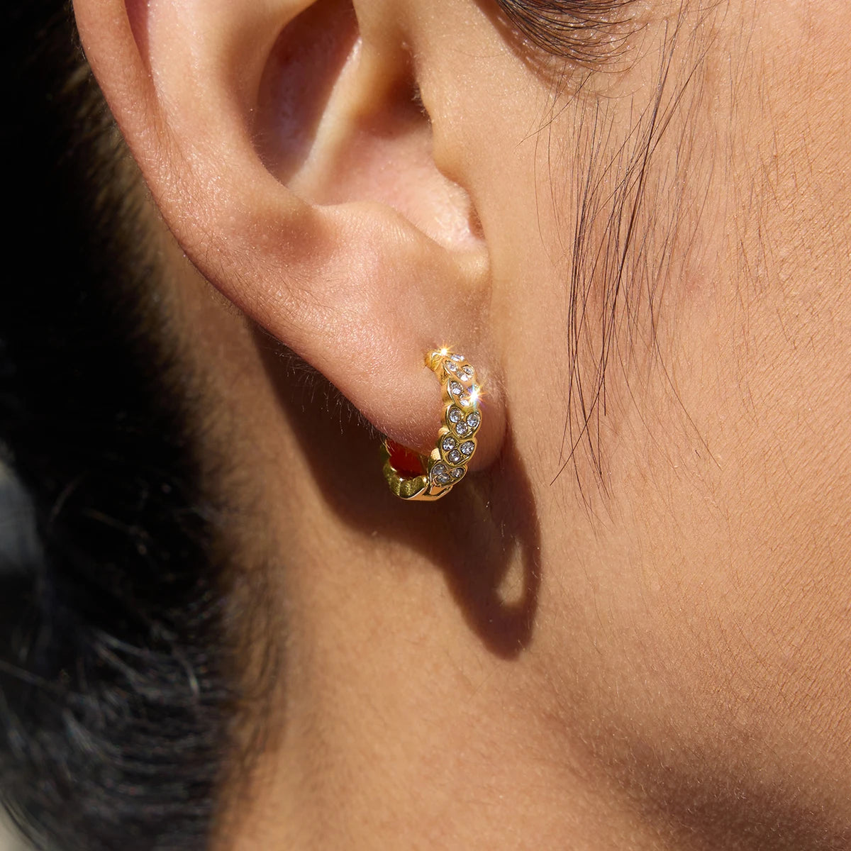 KIKA Classic PVD Plated Gold Color White Rhinestone Heart-Shaped Hoop Earring  Stainless Steel 316L Waterproof