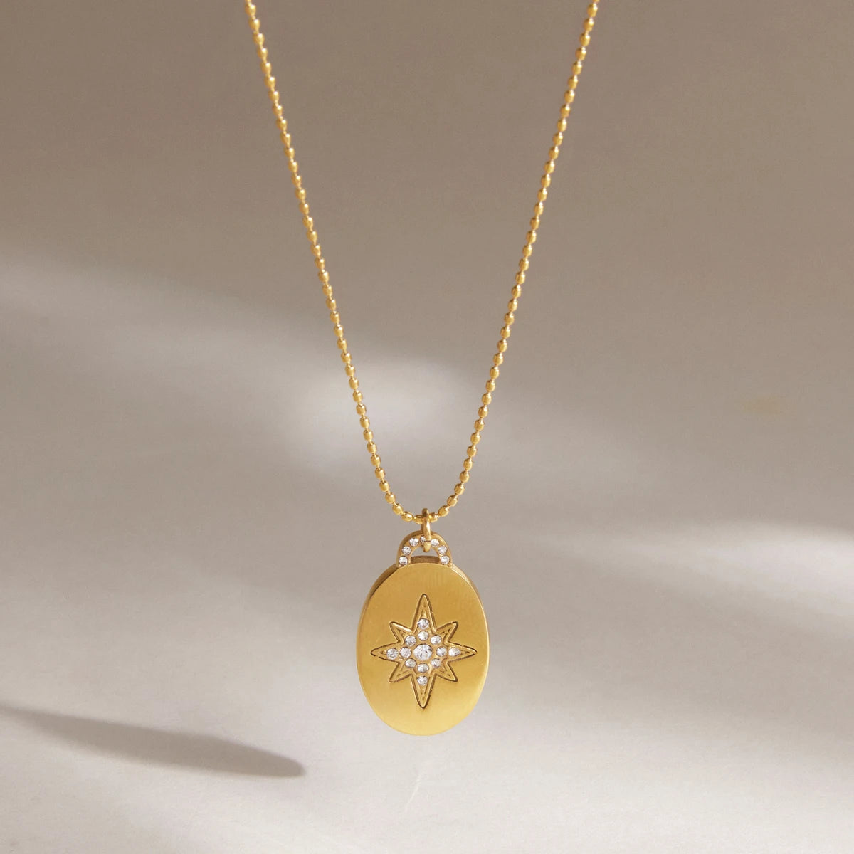 Kika Crystal Star Oval Pendant Necklace Minimalist 18K Gold PVD Plated Stainless Steel 316L