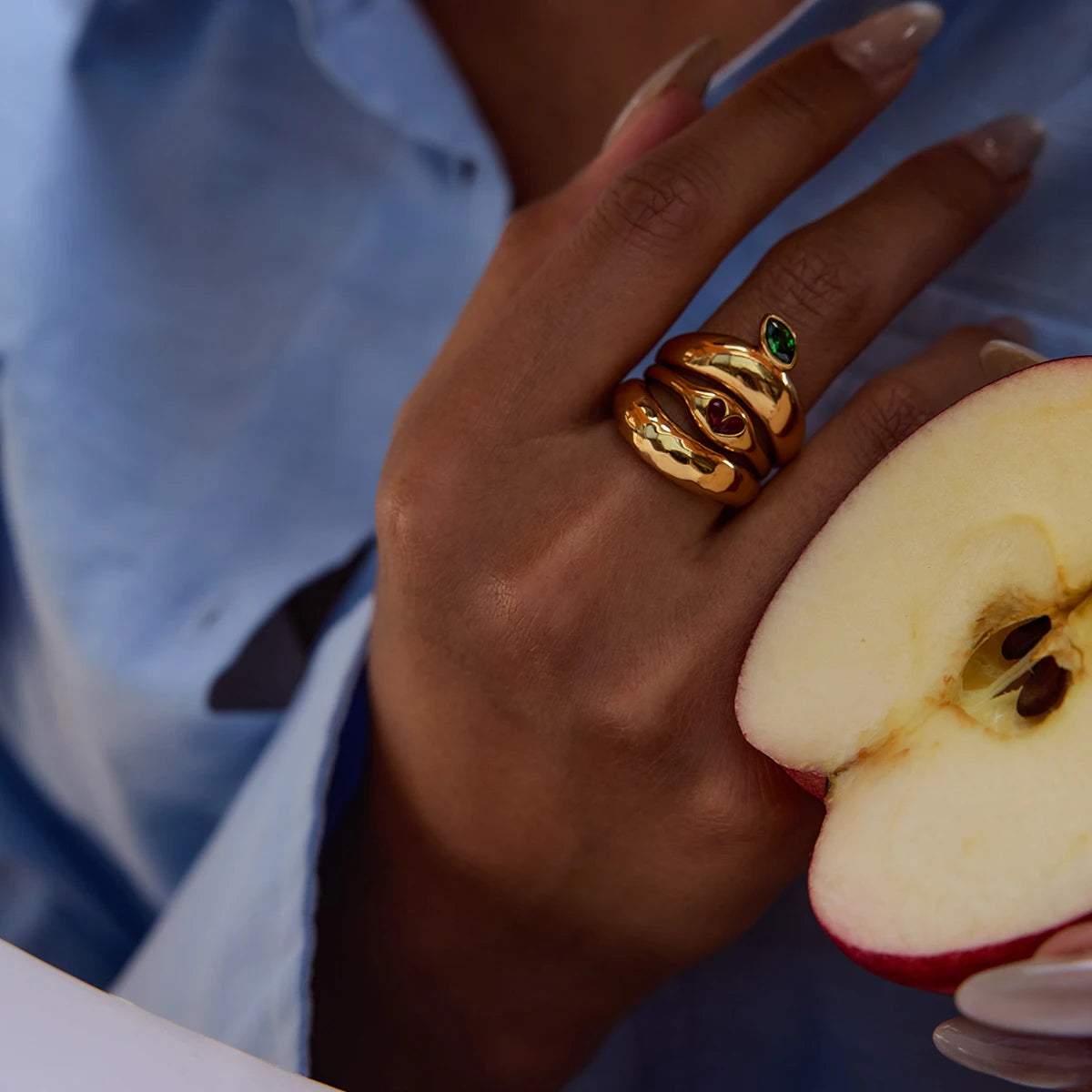 KIKA Fashion Independent Designer's 18K Gold Color Plated Stainless Steel Apple Hammer Pattern Stackable Ring Women's Jewelry