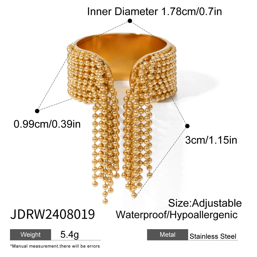Kika 316L Statement Stainless Steel Chain Tassel Finger Ring Adjustable 18K PVD Plated High Quality Charm Stylish Golden Jewel