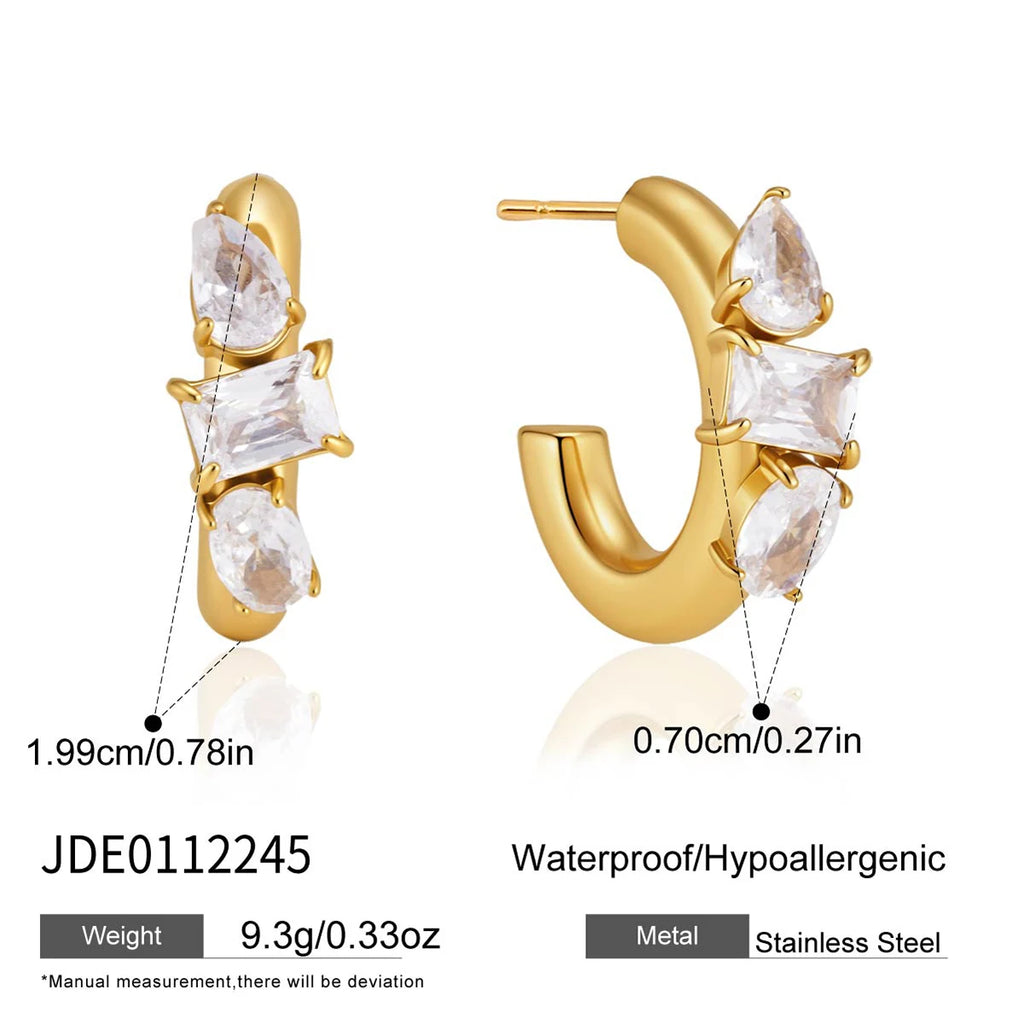 KIKA Geometric Zircon C Shape Stud Earrings 18K Gold PVD Plated Stainless Steel 316L