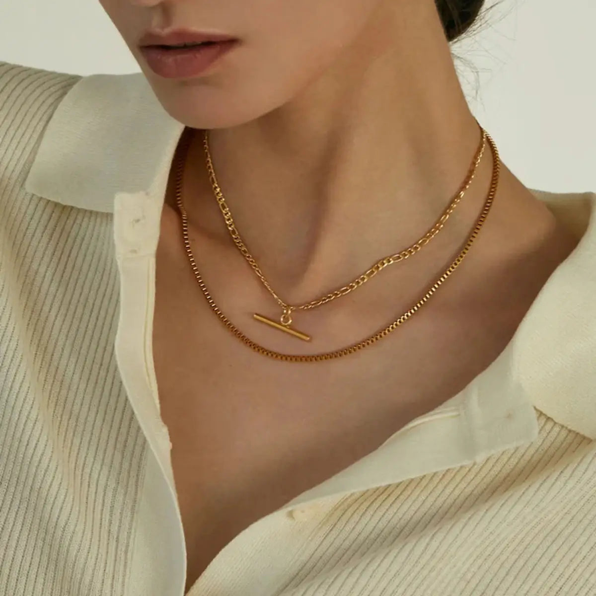 Kika New 18K Gold Color Plating Figaro Cuban Chain T-bar Pendant Necklace
