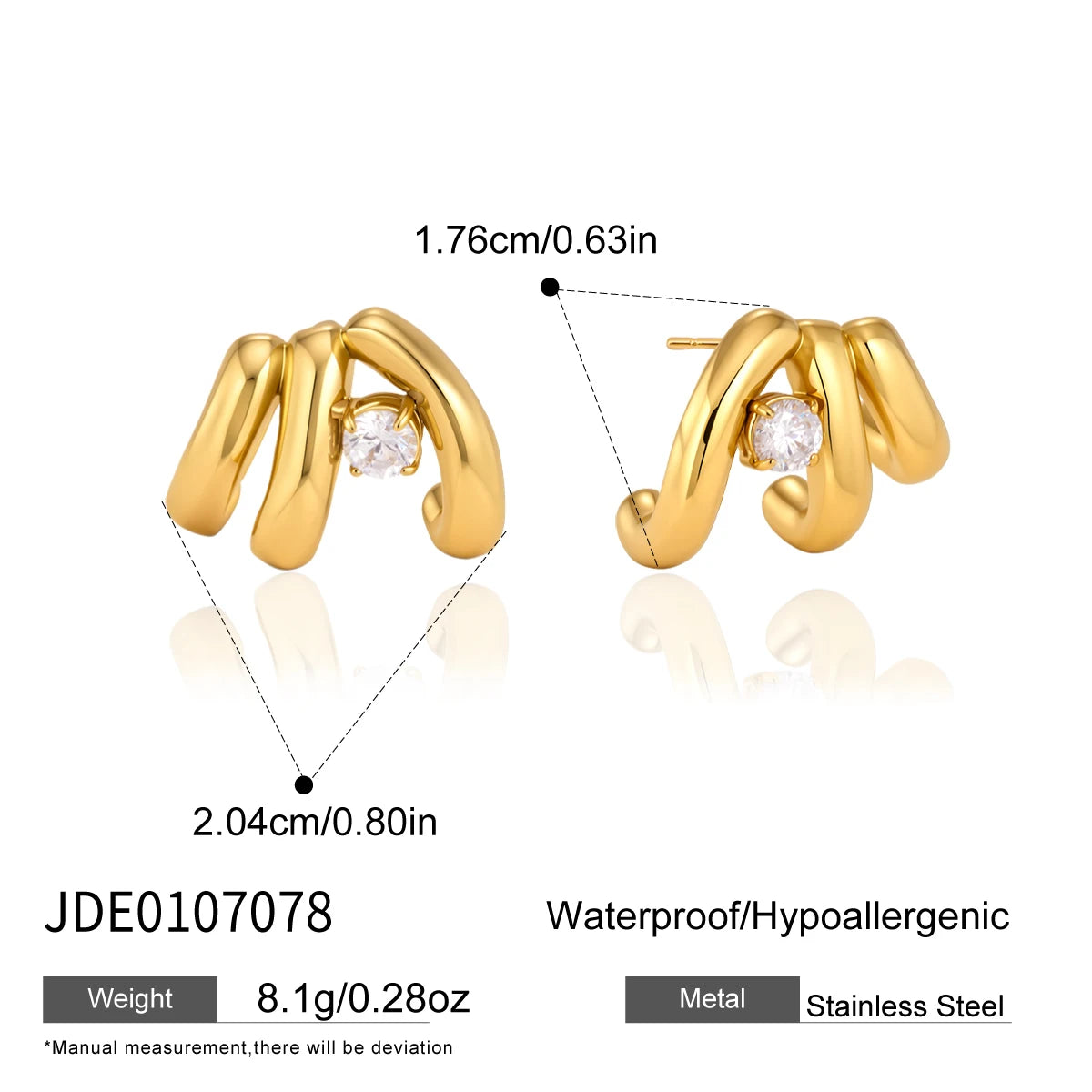 KIKA Round Zircon Multilayer C Shape Stud Earrings For Women 18K Gold PVD Plated Stainless Steel Earrings Fashion Jewelry Gift