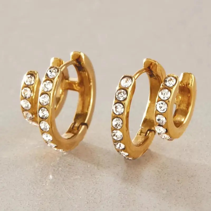 KIKA Classic Double Layer Crystal Clip Earrings For Women Waterproof 18K Gold PVD Plated Stainless Steel Earrings Jewelry Gift
