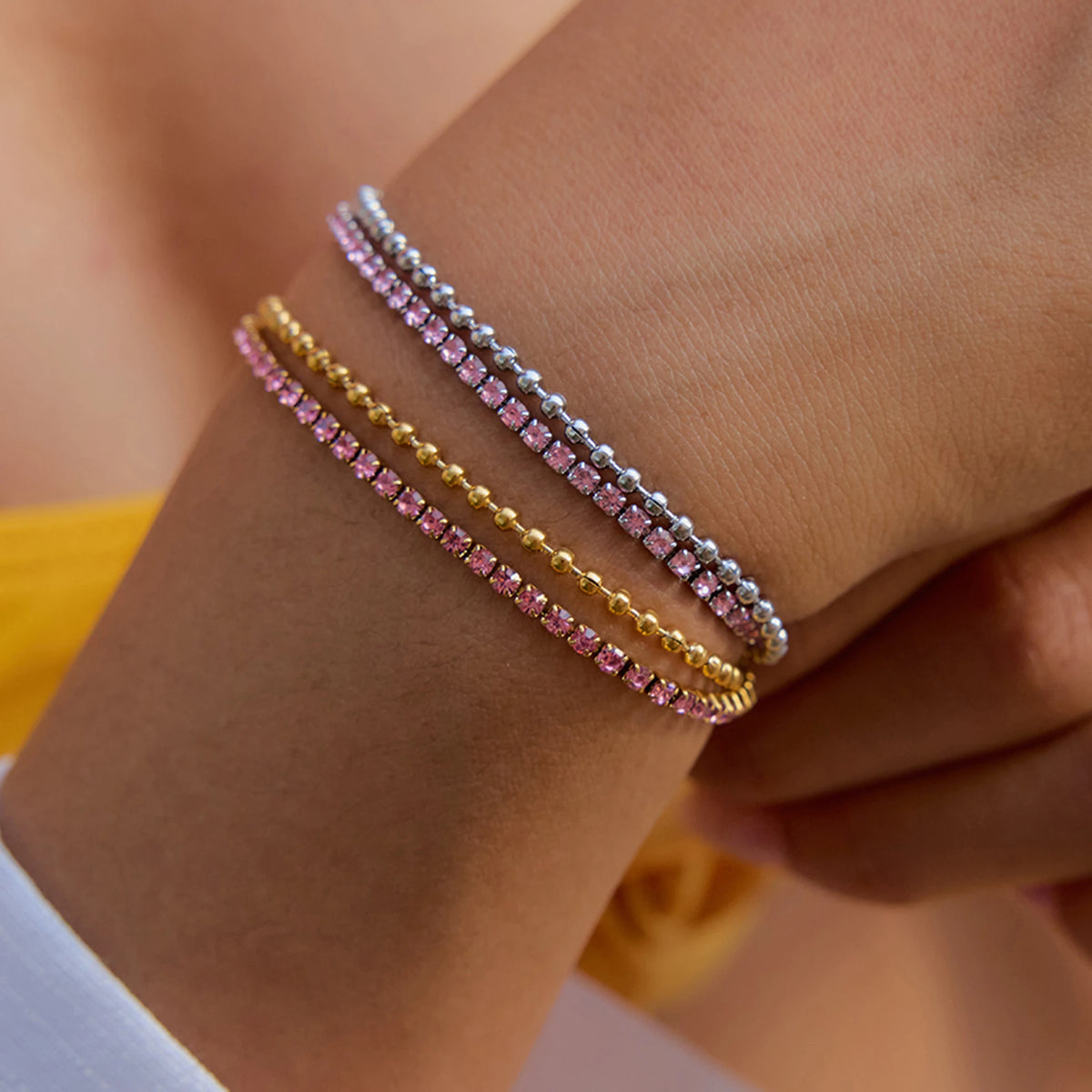 KIKA Minimalist Classic 18K Gold Color Plated Stainless Steel Pink Rhinestone Claw Chain Bead Chain Double-layer Bracelet Wome