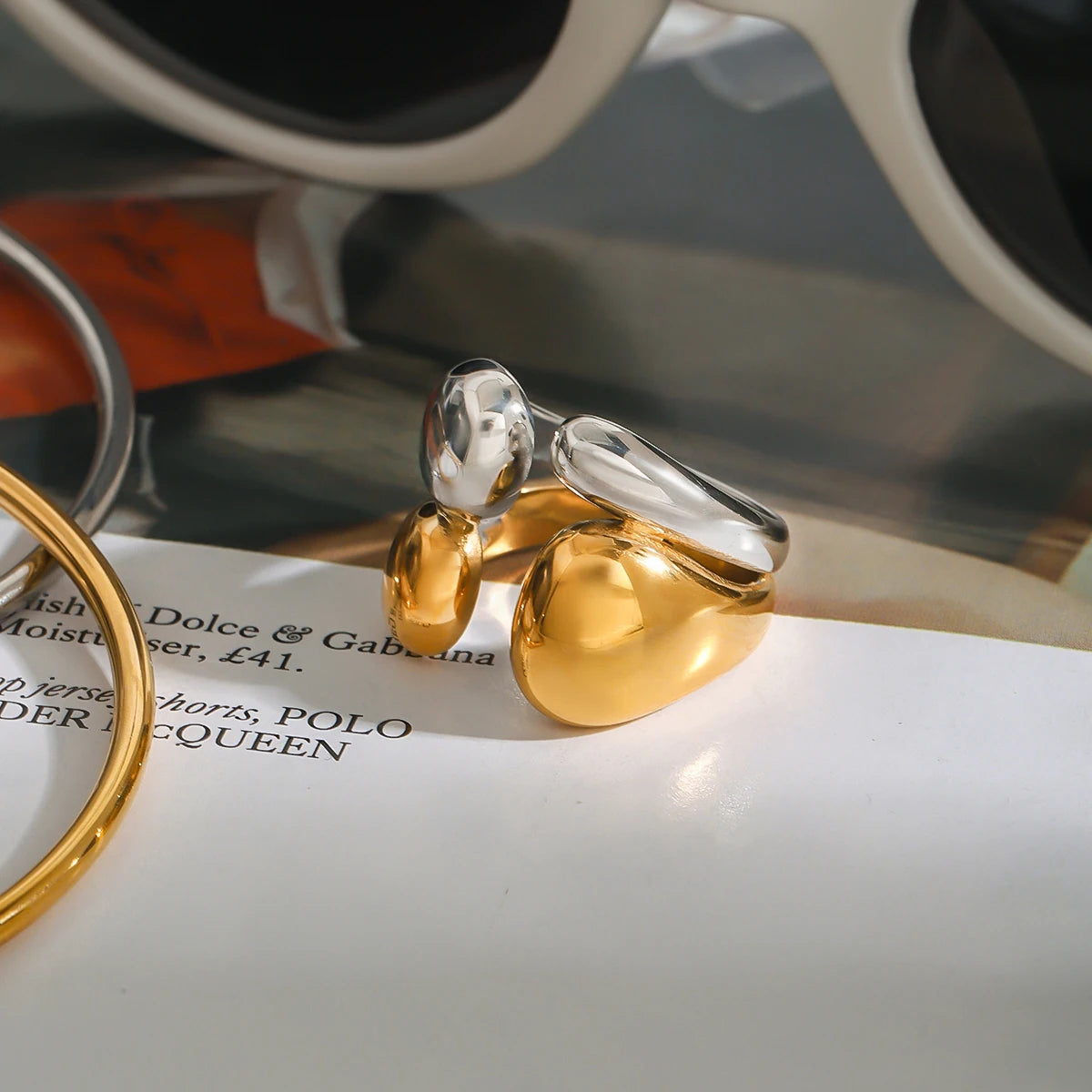 KIKA Fashion Statement Two Tone Ring 18k Gold Color PVD Plated Stainless Steel 316L Double layered Smooth Ring Stackable Ring