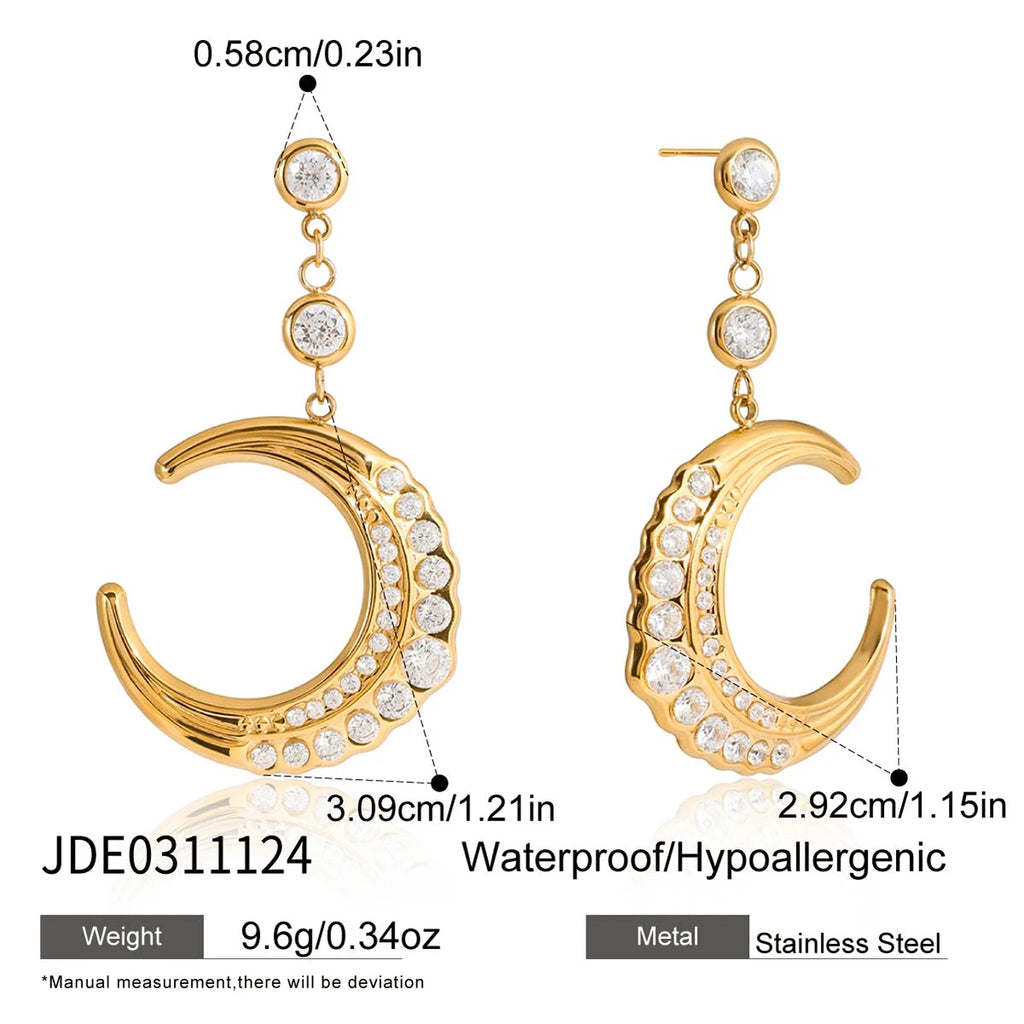 White Round Zircon Moon Shape Pendant Earrings