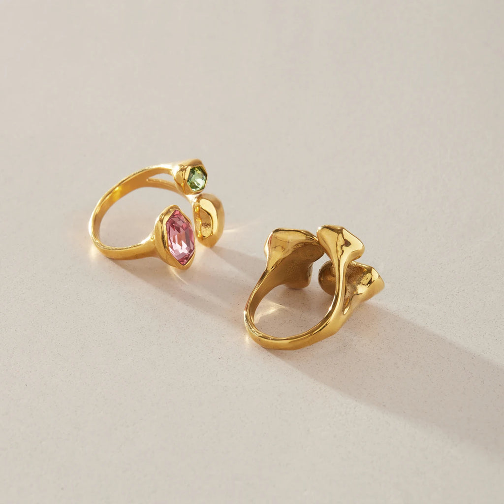 Kika Elegant Multicolor Glass Stone Geometric Open Rings 18K Gold Plated Stainless Steel 316L