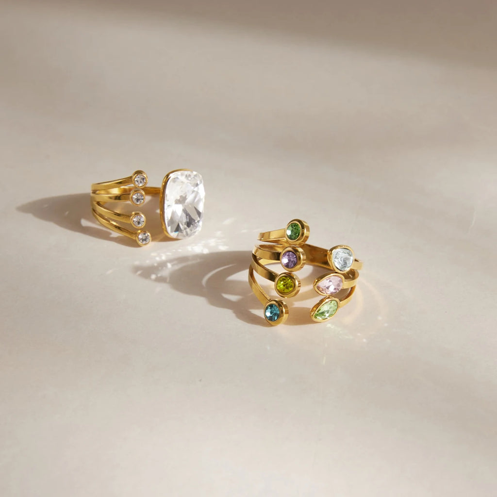 KIKA Elegant Geometric Crystal Open Rings Gold PVD Plated Stainless Steel 316L