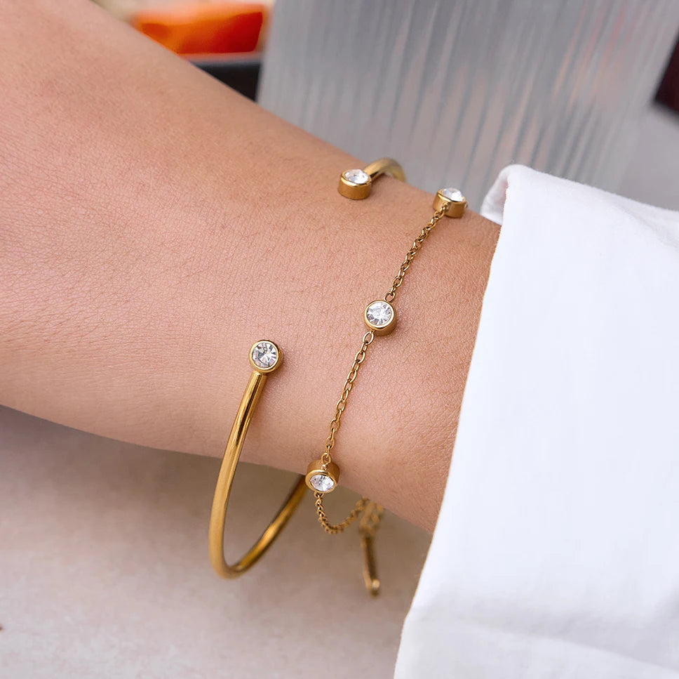 White Round Zircon Open Bracelet With O-Chain Double Layered Bracelets
