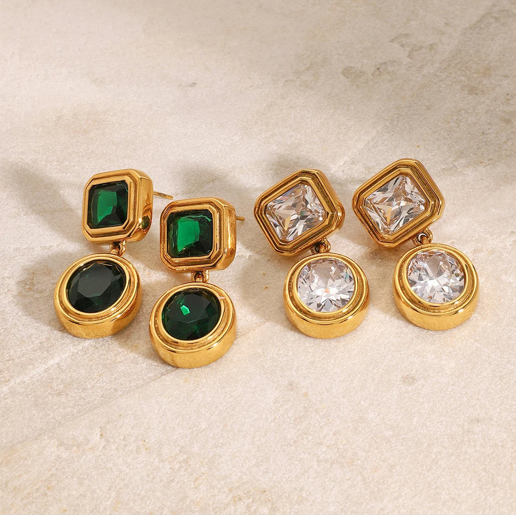 Retro Green Color Zircon Geometric Earrings