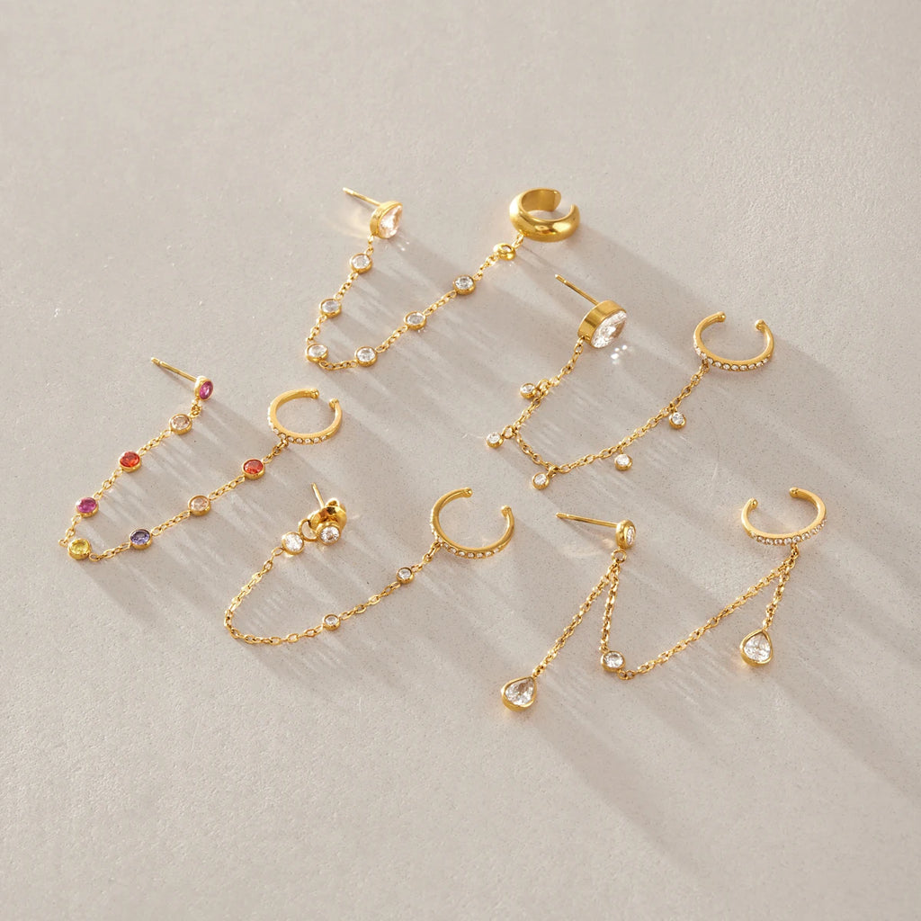 Kika 1 PC Delicate Zircon Chains Tassel Earring Gold PVD Plated Stainless Steel 316L