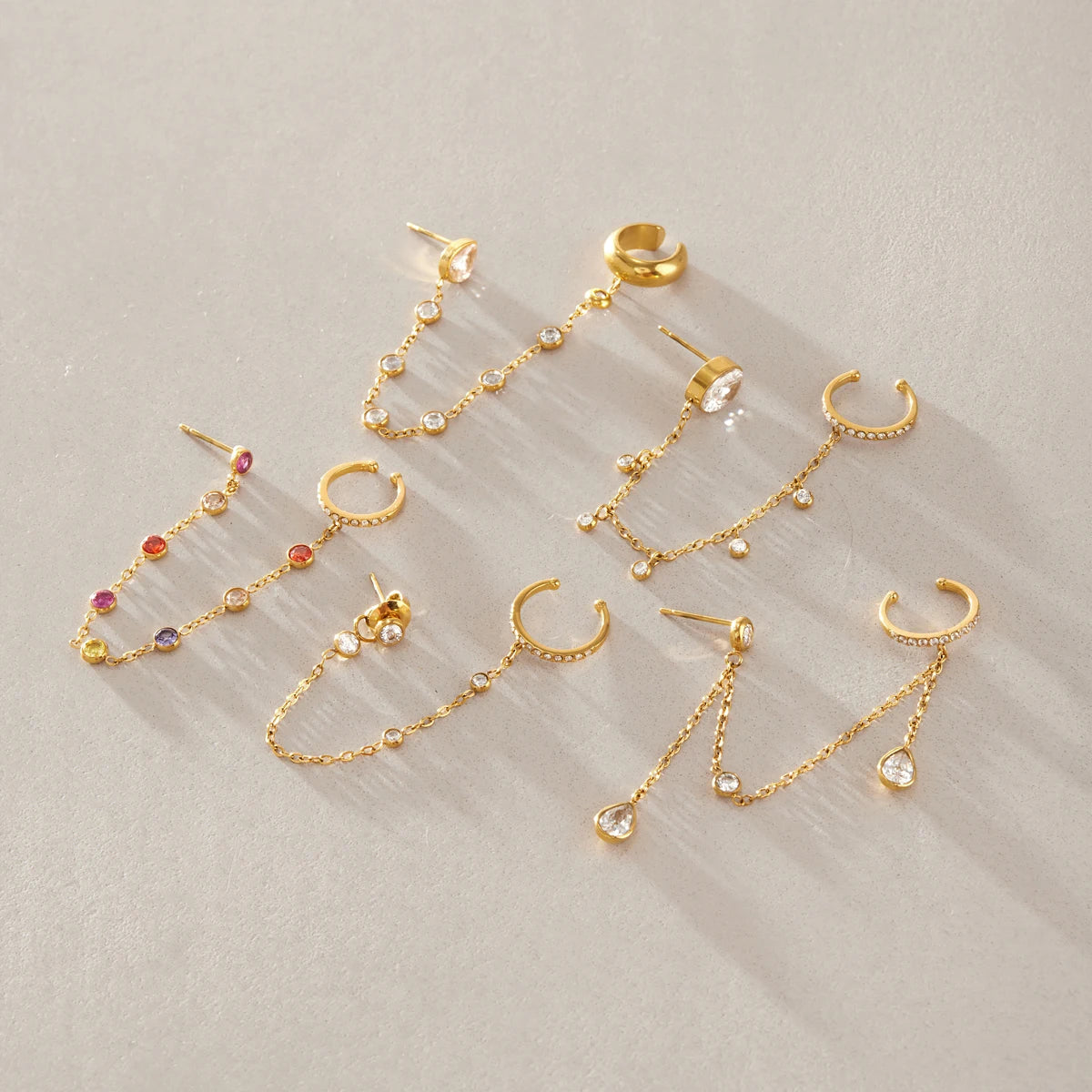 Kika 1 PC Delicate Zircon Chains Tassel Earring Gold PVD Plated Stainless Steel 316L