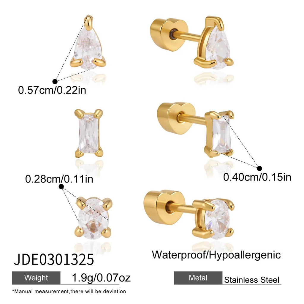 KIKA 3 Pcs/Set Geometric Zircon Stud Earrings For Women 18K Gold PVD Plated Stainless Steel Sleeping Earrings Fashion Jewelry