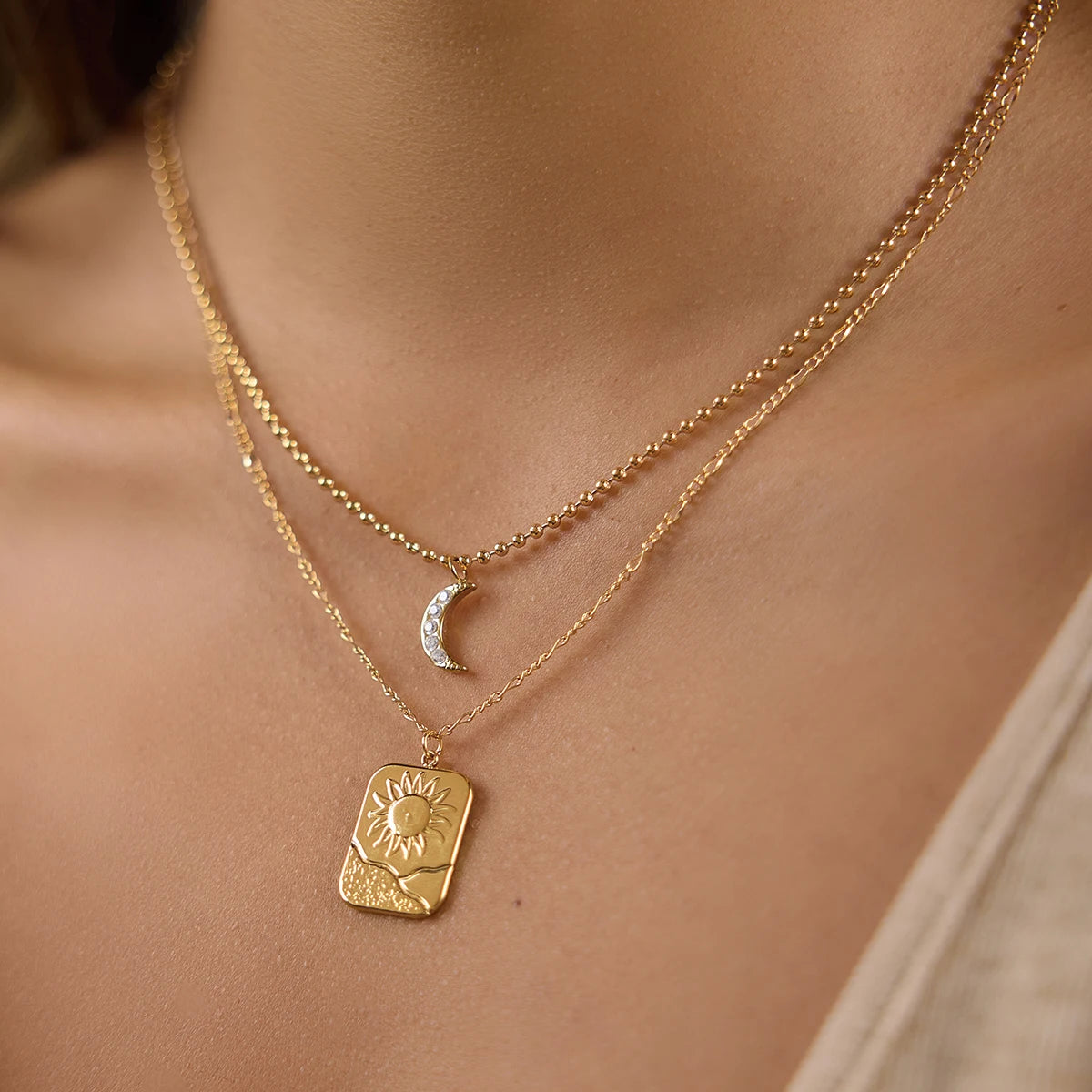 Kika Delicate Moon Sun Double-Layer Chain Bead Chain Multi-Layer Necklace