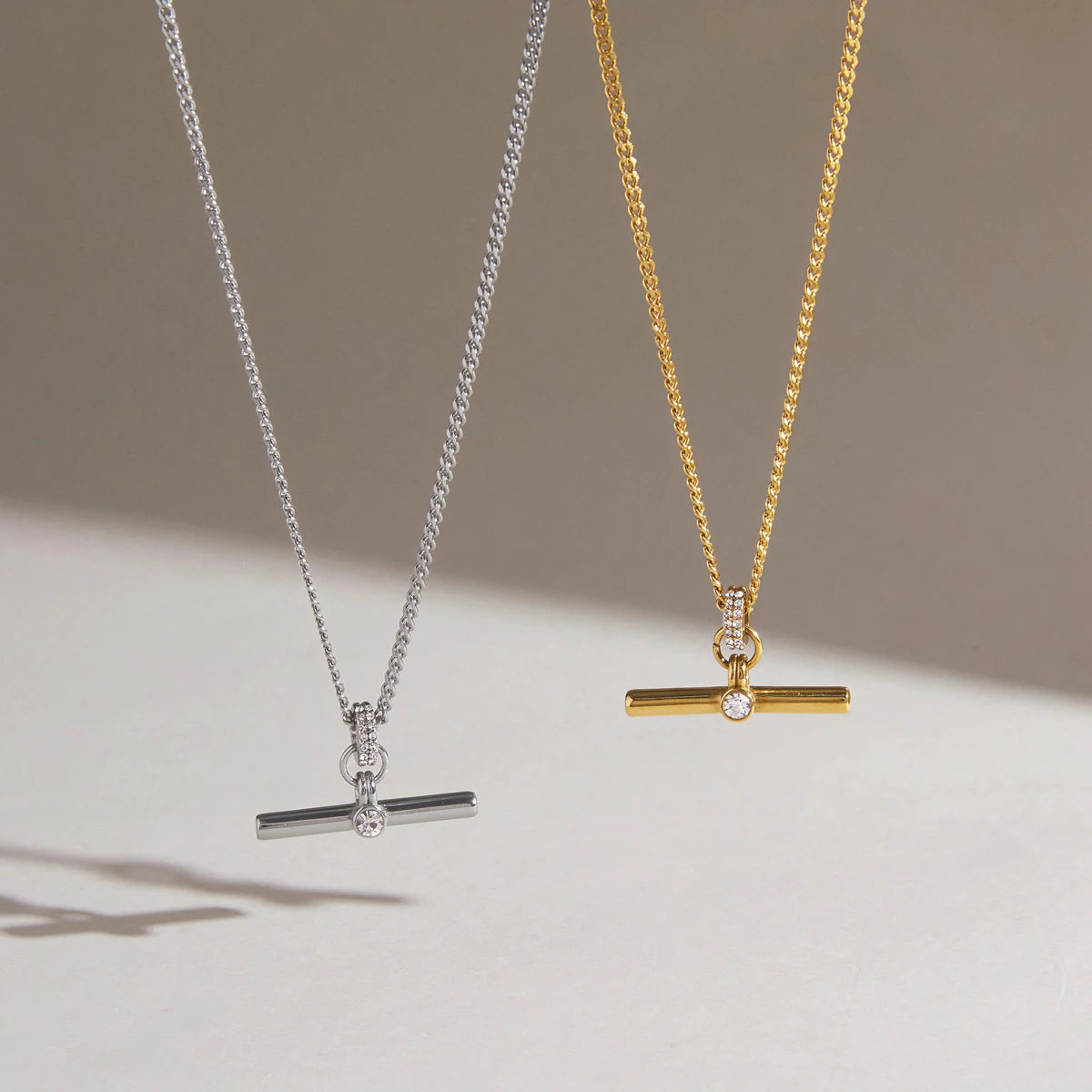 KIKA Classic Crystal T Bar Pendant Necklace 18K Gold PVD Plated Stainless Steel 316L