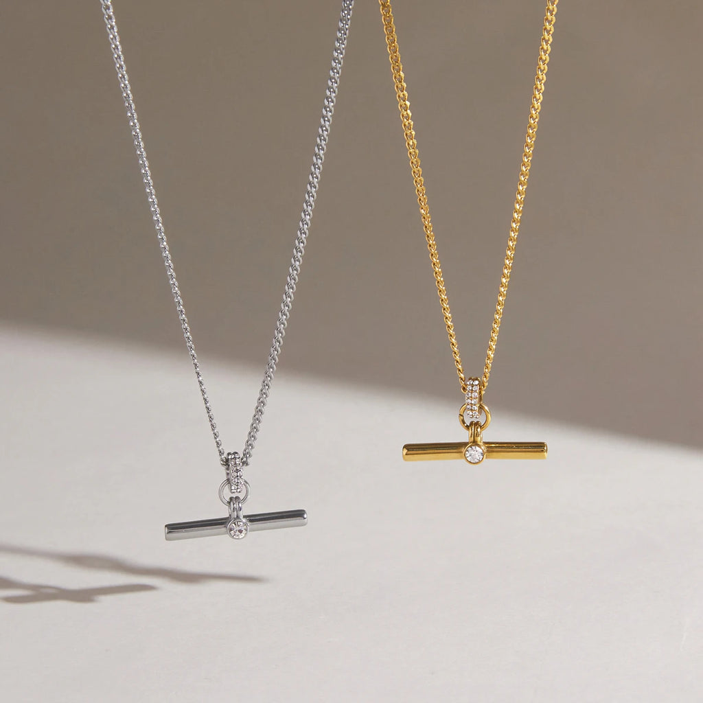 KIKA Classic Crystal T Bar Pendant Necklace 18K Gold PVD Plated Stainless Steel 316L