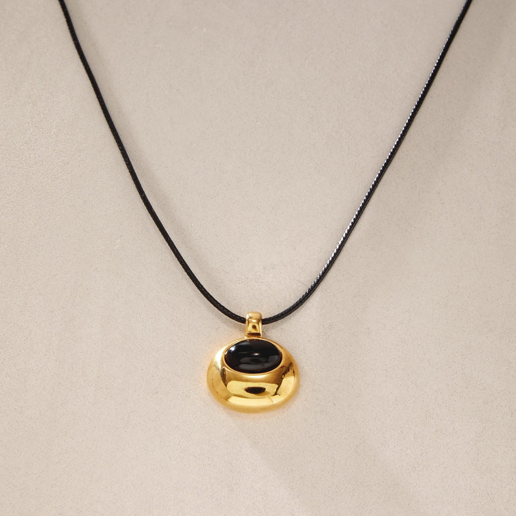 KIKA Black Agate Stone Pendant Long Rope Chain Necklace For Women 18K Gold PVD Plated Stainless Steel Necklace Fashion Jewelry