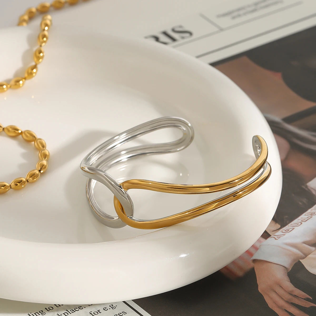 KIKA Minimalist 18K Gold Color Plated Stainless Steel Two tone Bracelet with Twisted Lines and Knots Hollow Bracelet Women's J